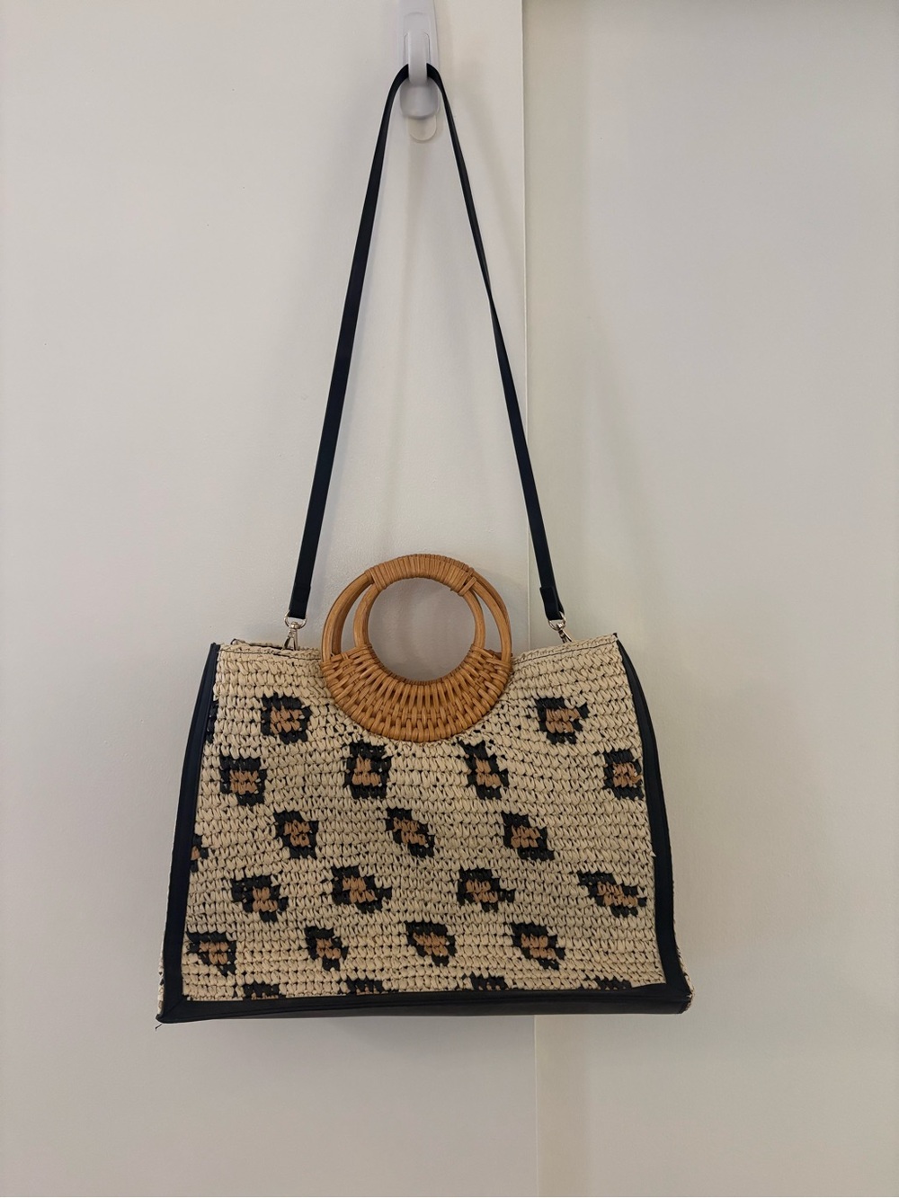 H&M Beige Leopard-Print Woven Tote with Black Trim and Rattan Handles